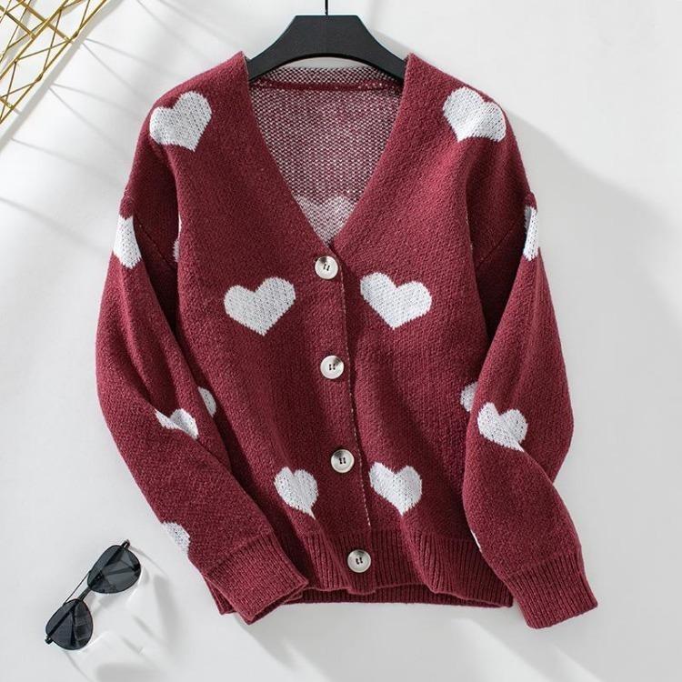 Vintage Autumn Winter V Neck Cardigan Sweater Loose Knitwear Top Long Sleeve