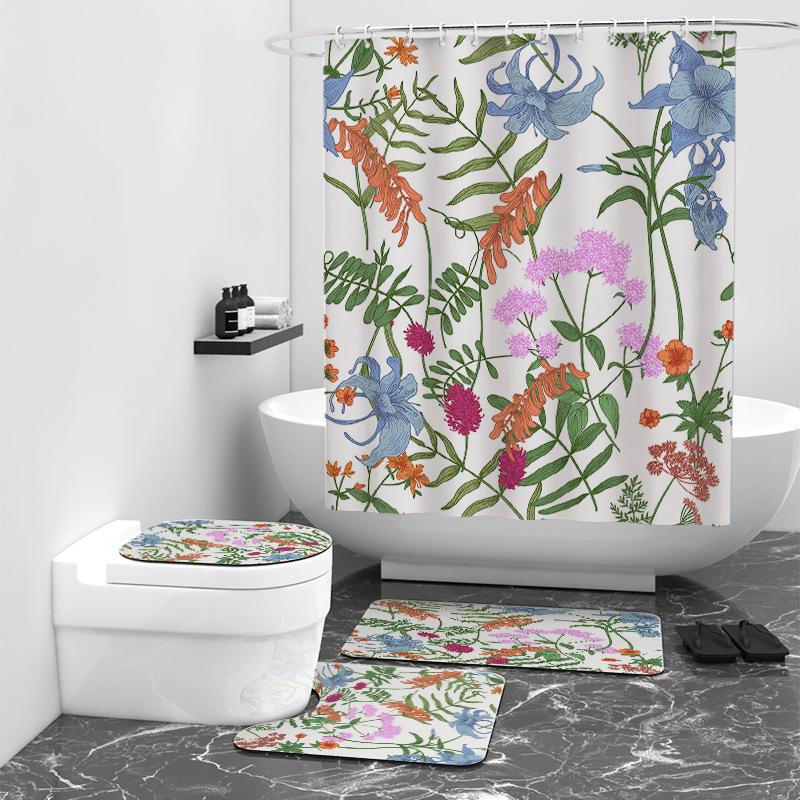 Fresh Red Flower And Plant Digital Printing Shower Curtain Shower Curtain Four-Piece Set Bathroom Curtain Floormat40x60cm