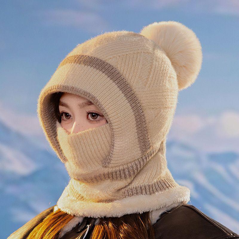 

Зимняя вязаная шапка шарф маска цельная плюшевая помпоновая шапка для женщин флисовая подкладка теплая шапочка уши защита шеи лыжная шапка One Size