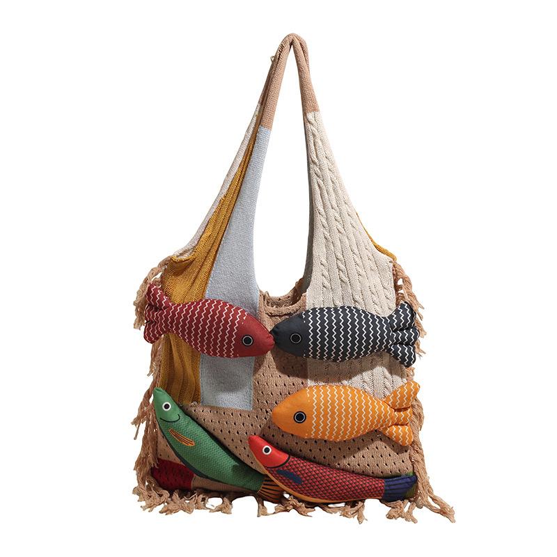 

Creative Tassel Knitted Splicing Shoulder Bag Cute Little Fish Tote Bag Versatile Casual Commuter Handbag For Girls Gift хаки
