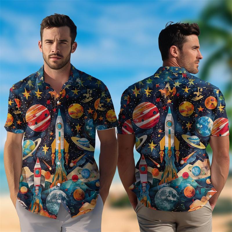 Cartoon Weltraum Astronaut Grafik Strandhemden Aloha Harajuku Kurzarm Niedlich Galaxie Katze Hund Kurzarmhemd Für Männer Kleidung M black