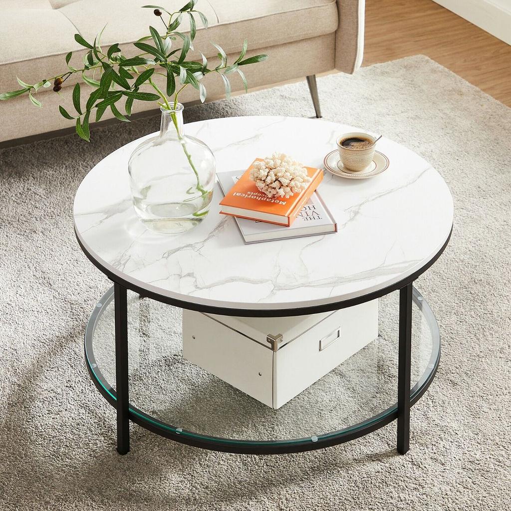 VASAGLE LCT071B13 Coffee Table, Living Room Table, Sofa Table, with Glass Top, Large Storage Space, Easy Assembly, Modern Style, White Marble Effect