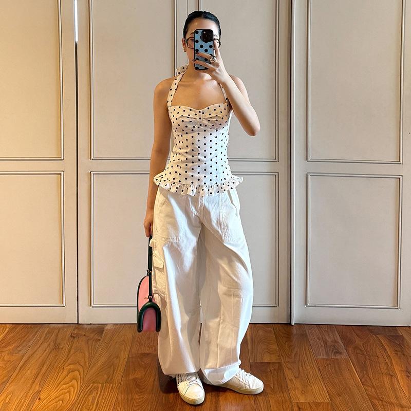 Dot Print Tops Women Halter Low-Neck Bandage Ruffles Backless Sleeveless Skinny Fashion Street Versatile Vest