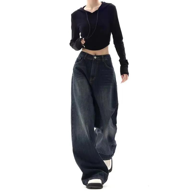 Autumn Spring Vintage Women Wide Leg Jeans Harajuku Baggy Denim Trousers Oversized Streetwear Y2k Autumn Pants