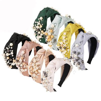 European and American Knotted Pearl Headband: Fashionable Wide-Rimmed Headdress with Lined Cloth and Middle Knot