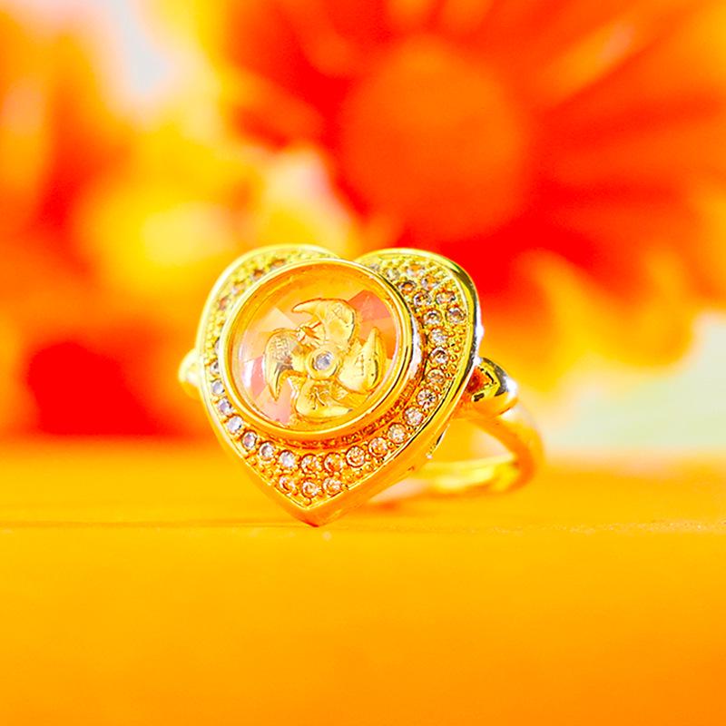 Southeast Asian Windmill Zircon Ring: Rotatable Heart Design with Inlaid Diamonds for Women