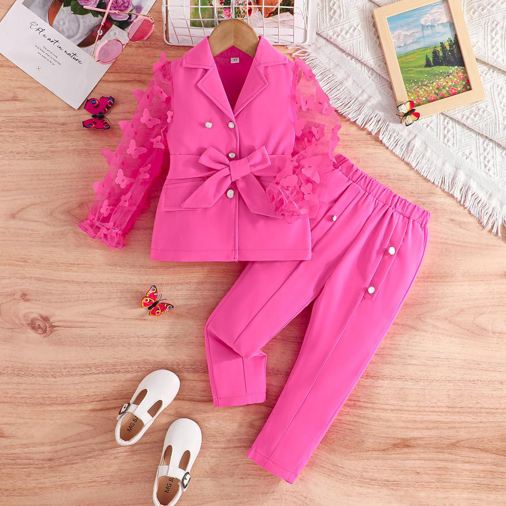 Autumn and Winter New Girls' Long Sleeve Bowknot Mesh Sleeve Blazer and Long Pants Two-Piece Set for Young and Little Girls
