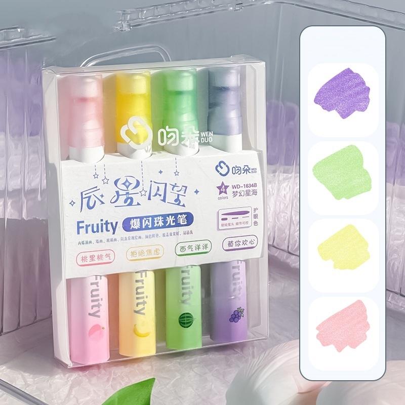 4pcs Fruity Highlighter Pens Set Brush Tip Strobe Bling Glitter Color Marker Liner for Drawing Painting Art School