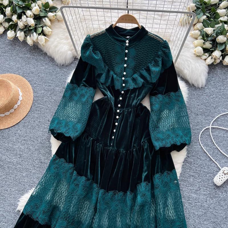 High Street Kleider Frauen Retro Hohle Spitze Patchwork Gold Samt Kleid Französisch Perle Schnalle Taille Länge Vintage Chic Kleider