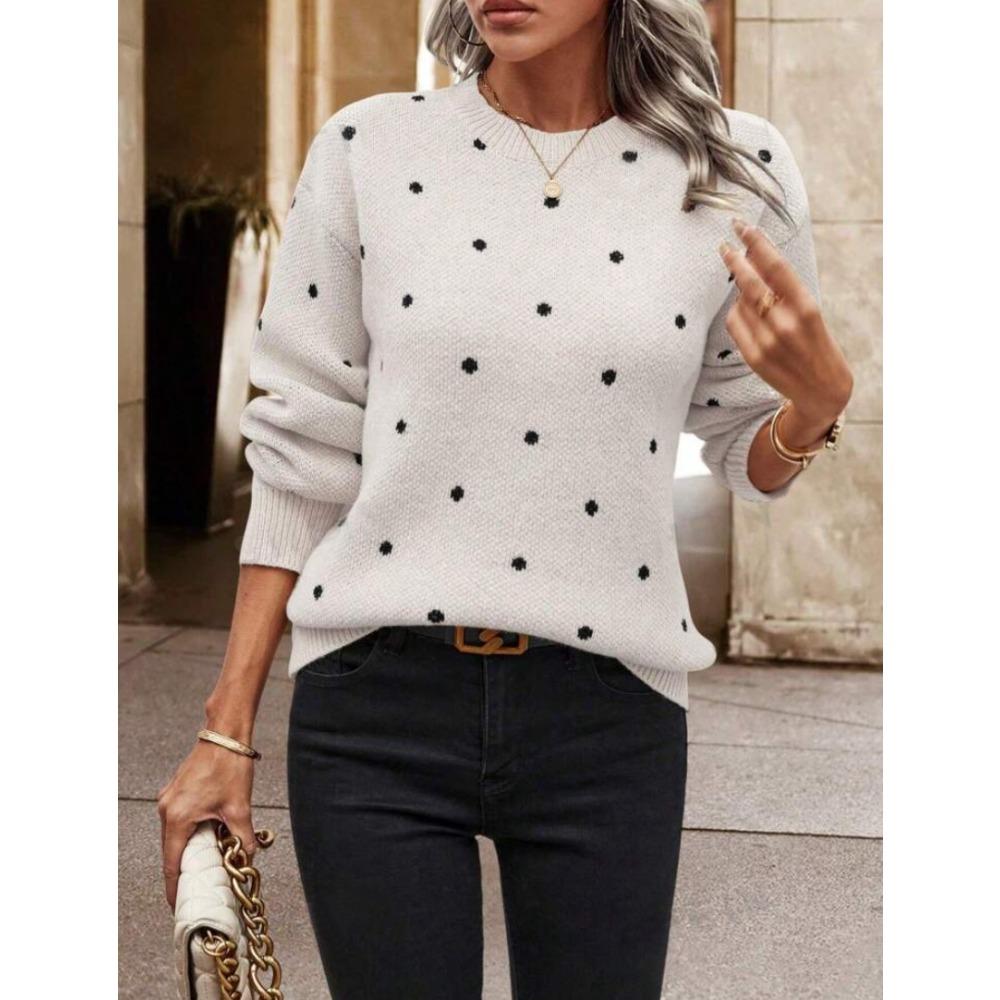 Women's Crew Neck Long Sleeve Polka Dot Jacquard Knit Pullover Sweater Casual Autumn Top