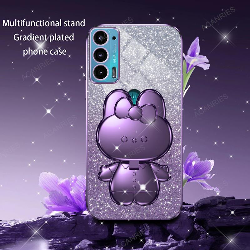 Cute 3D Rabbit Makeup Mirror Stand Plating Case For Motorola Moto Edge 20 30 G9 G8 Power Play Plus Protect Back Cover On Edge20