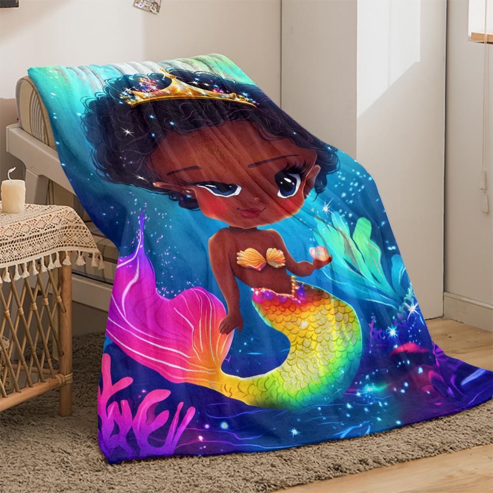 Cute African American mermaid princess rainbow tail flannel blanket fantasy underwater scene childrens bedding soft throwblanket