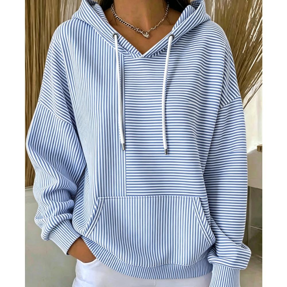 Women's V Neck Long Sleeve Striped Hoodie Casual Loose Pullover Sweatshirt for Daily Wear