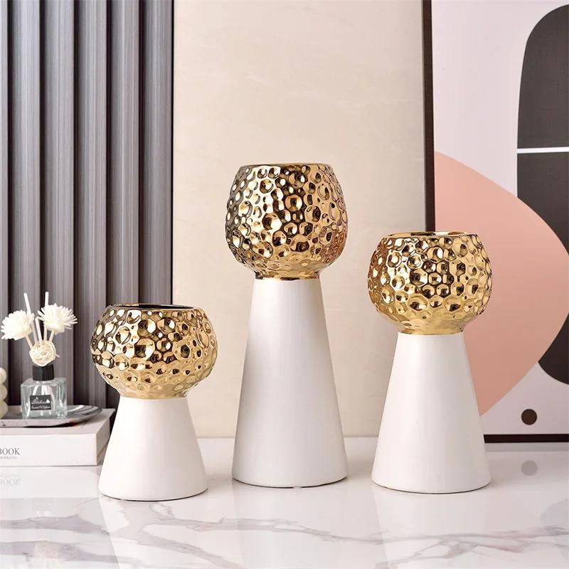 Gold-plated Hammer Pattern Ceramic Vase Creative Plant Pots Table Decoration Flower Arrangement Floral Vase Room Aesthetic Decor