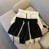 Women's Black Lace Patchwork Wide-Leg, High-Waist Drawstring Shorts