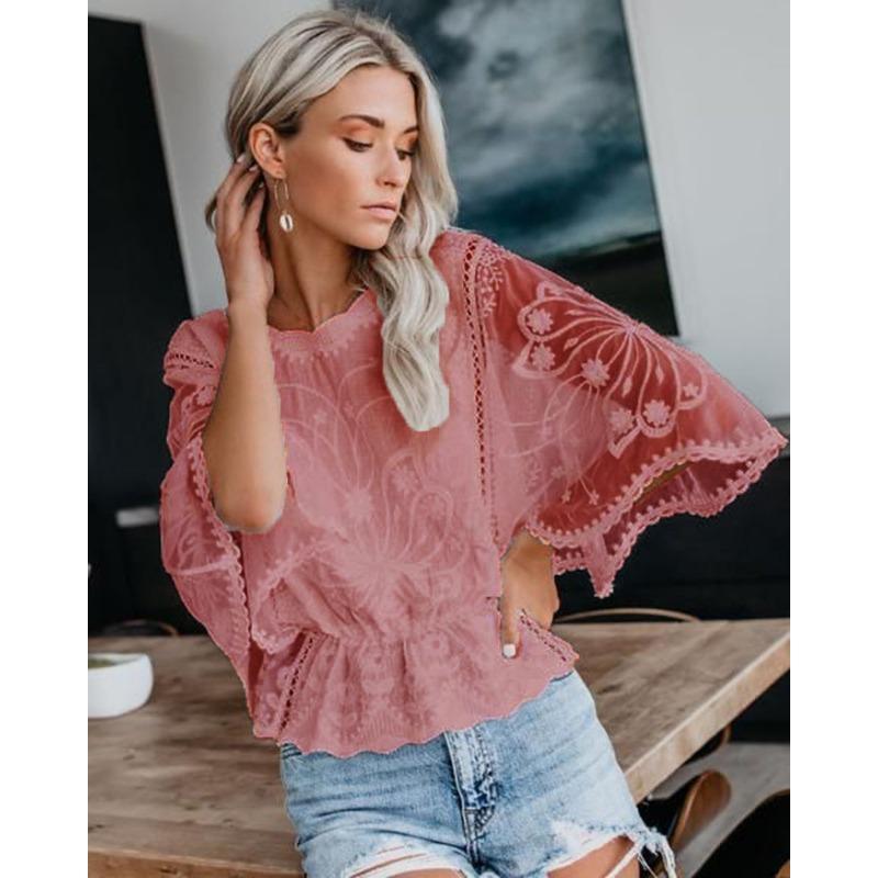 Nuova Moda Pizzo Estate Camicetta Donna Manica Corta Larga Camicia Manica a Pipistrello Top Larghi da Donna Scollo a O Tinta Unita Elegante Slim Fit Abbigliamento da Ufficio