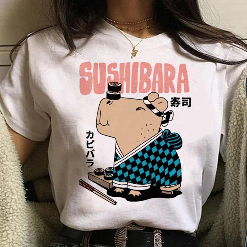 Capybara Streetwear Mode d'Été T-shirt Femme Harajuku Chemise Vêtements Kawaii Manches Courtes T-shirt en Coton Haut Décontracté à Col Rond