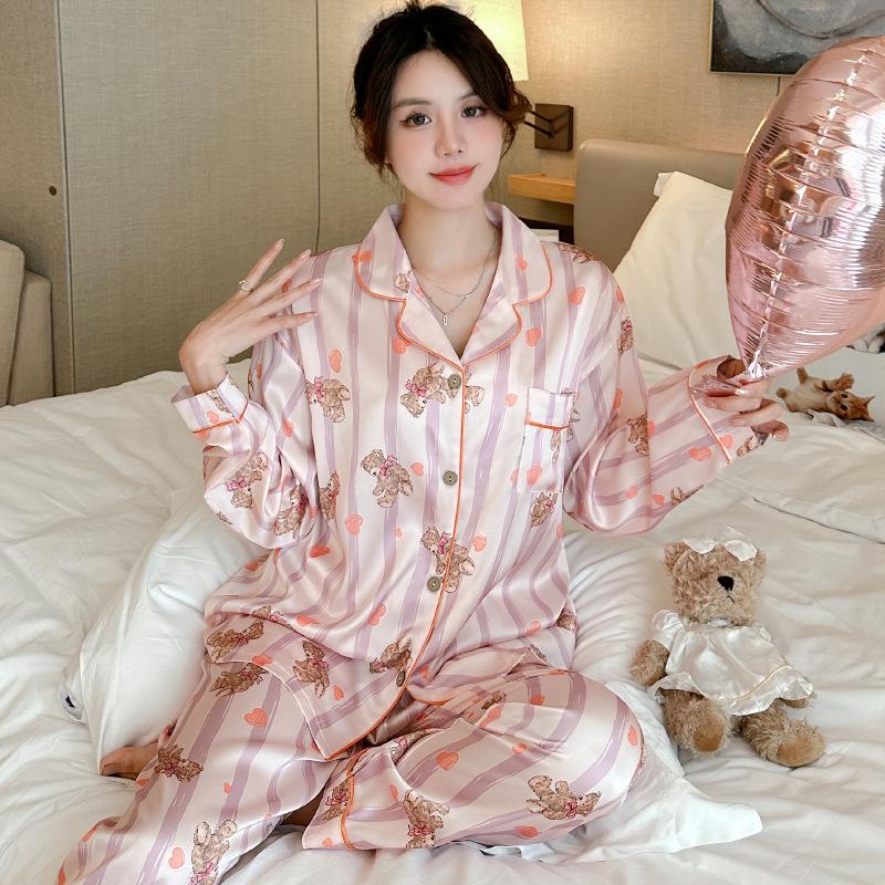 Solid color lace splicing silky suit pajamas women's long-sleeved trousers two-piece set of high-end ice silk loungewear