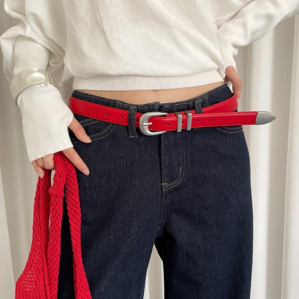 Y2k Style Leather Waist Belt Metal Buckle Thin Women's Belt Red Color Casual Belt Jeans Skirt Dress
