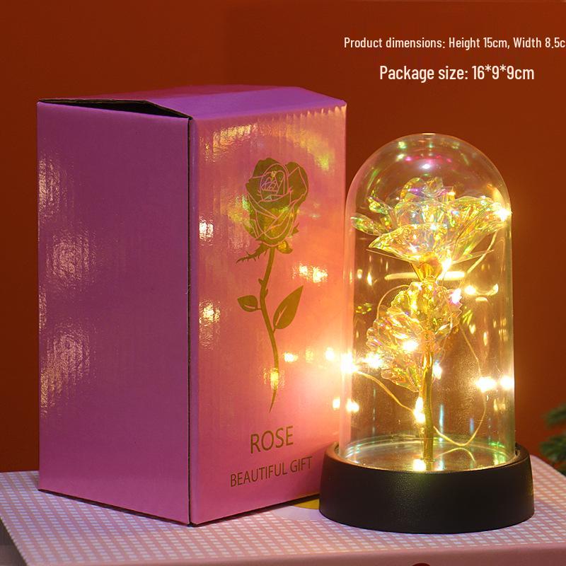 LED Gold Foil Rose with Crystal Glass Cover - Light-up Preserved Flower Ornament for Valentine's Day or Christmas Gift