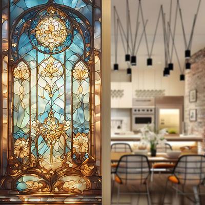 Vintage Colorful Church Stained Glass Film American Abstract Style Window Sticker Static Cling Home Decor Privacy Window Films