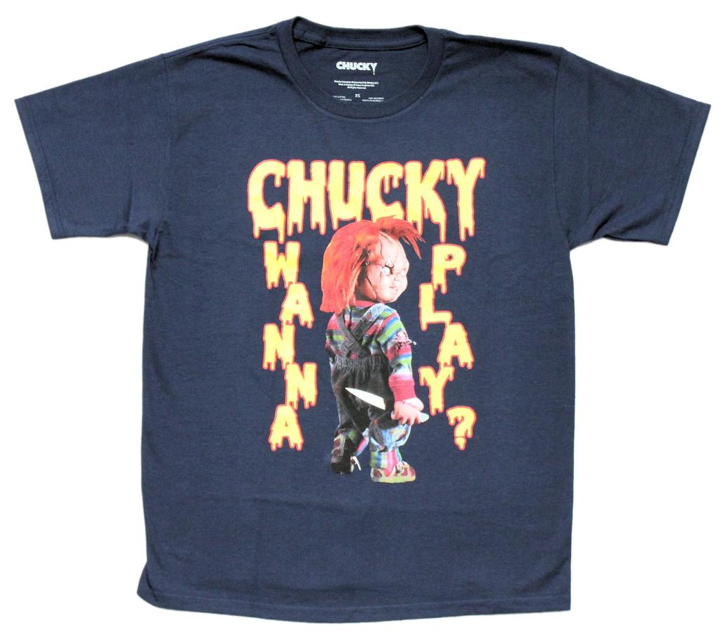Childs Play New Adult Tshirt Chucky Holding Knife Wanna Play