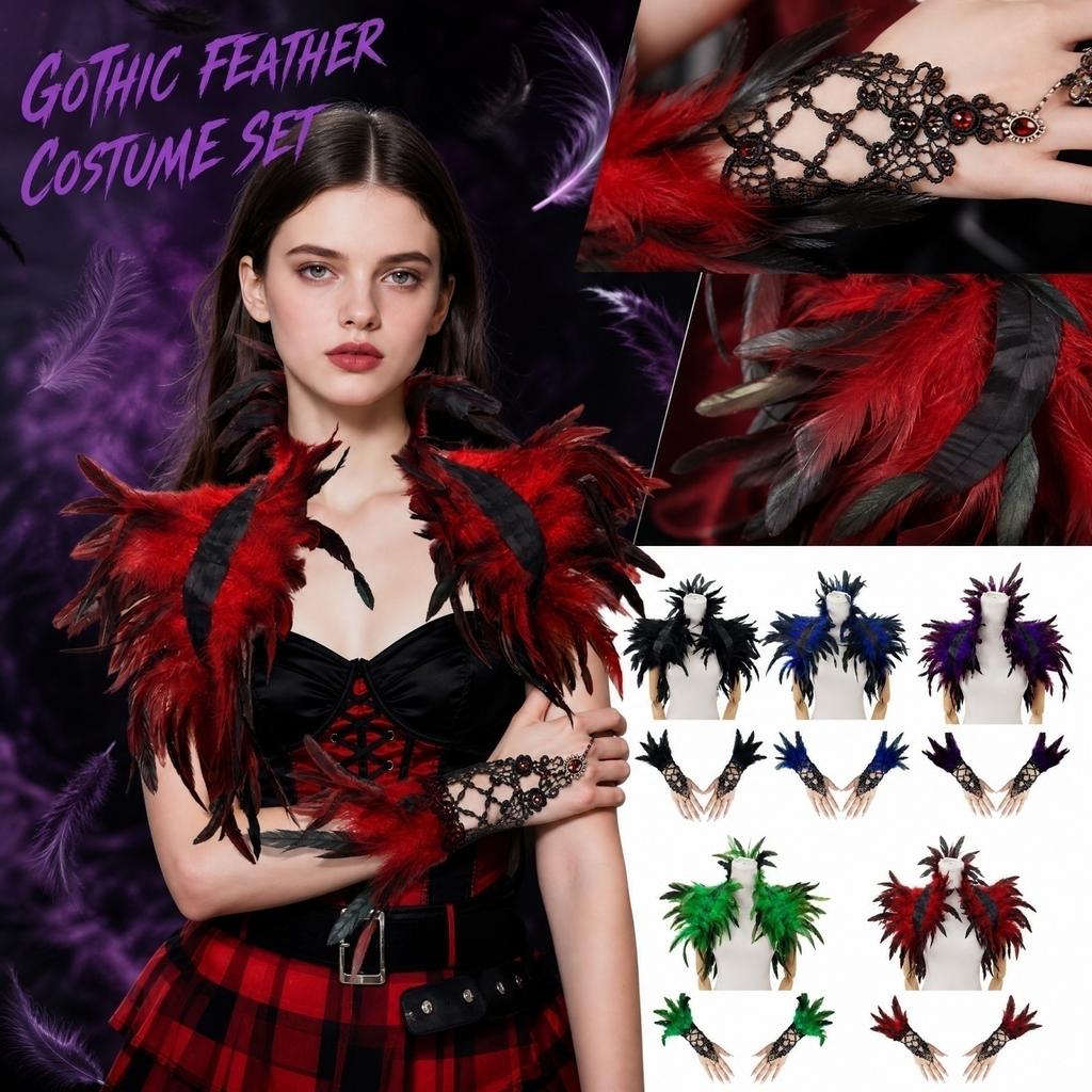 Set Mantellina e Guanti Gotici con Piume e Design Traforato in Pizzo per Costume di Halloween