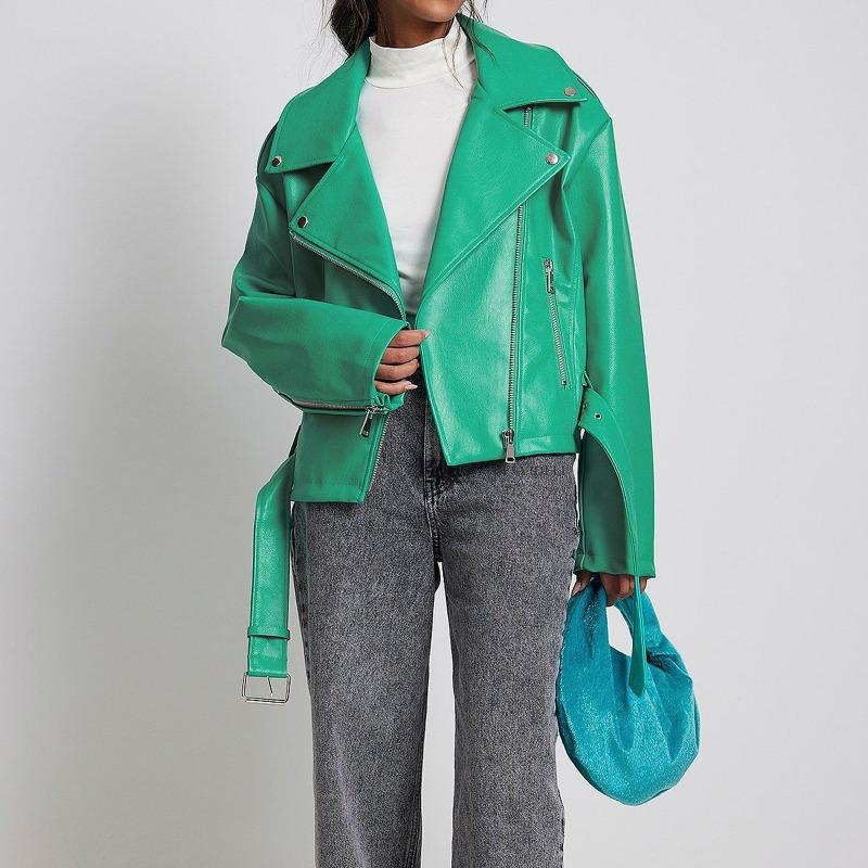 

Женская однотонная кожаная куртка осень-зима в стиле панк с коротким поясом и отложным воротником, женская куртка на молнии в стиле ретро в байкерском стиле L зелёный