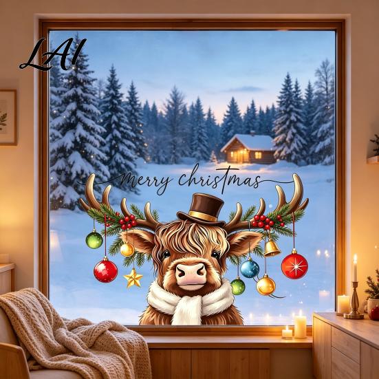 Christmas Glass Clings Cute Highland Cow Static Window Sticker PVC Waterproof Cling for Holiday Reusable Decals Home Decoration Removable