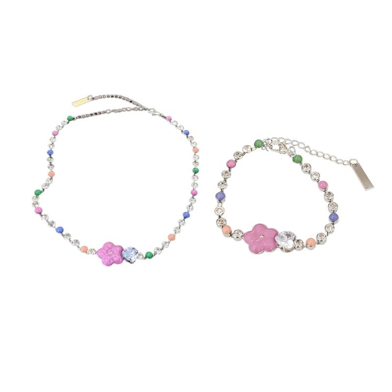 Crystal Beaded Necklace or Bracelets Adjustable Flower Charm Wrist Chain/Bangle Unique Statement Pieces for Girls Women