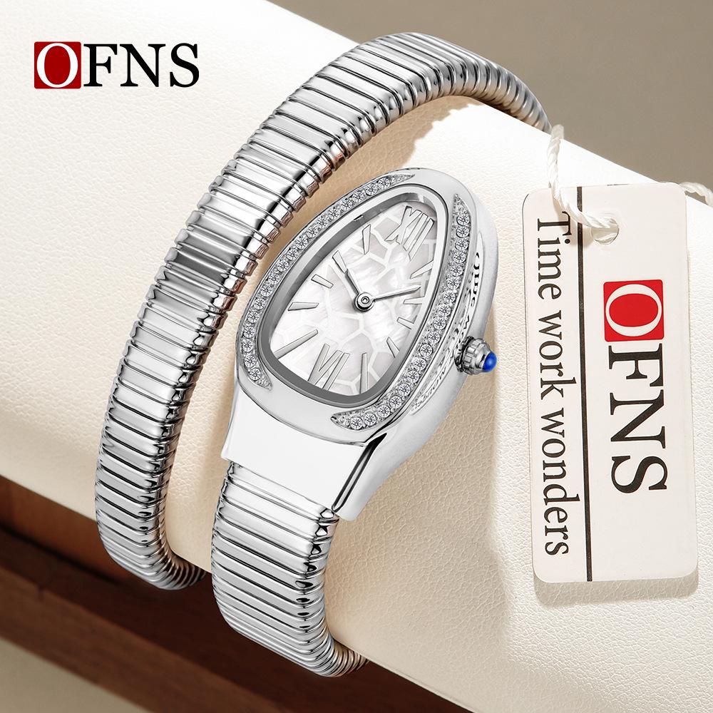 SANDA Women's Luxury Snake Head Bracelet Watch with Roman Mother-of-Pearl Dial, Diamond Accents, English Two-Hand, 30M Water Resistant.