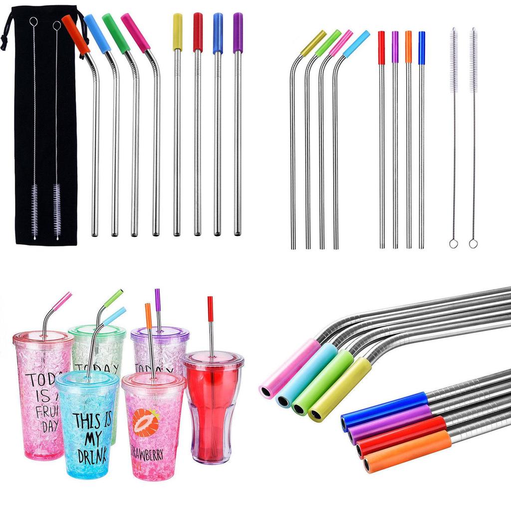 Elegant And Durable 8 Pcs Stainless Steel Metal Drinking Straws With Silicone Tips