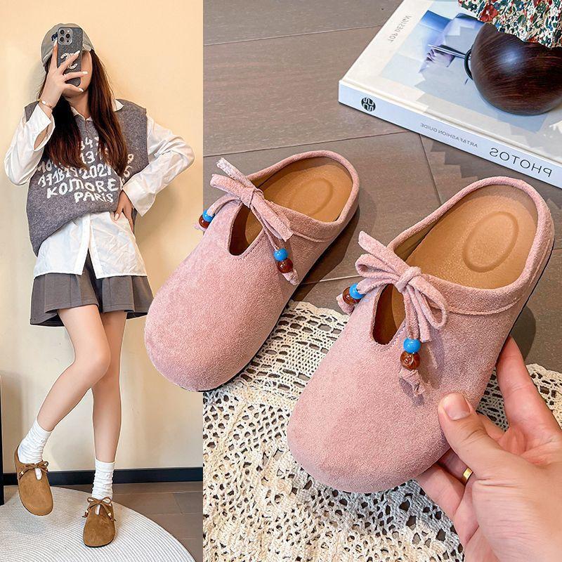 Bow soft bottom half slippers retro versatile flat bottom Boken bag head slippers women's 2025 spring and autumn new models