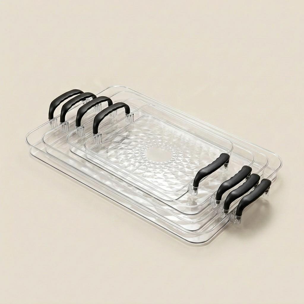 PET Plastic Serving Tray with Handles Clear Food Trays for Eating Diamond Texture Nesting Tea Serving Dishes Platter Tableware