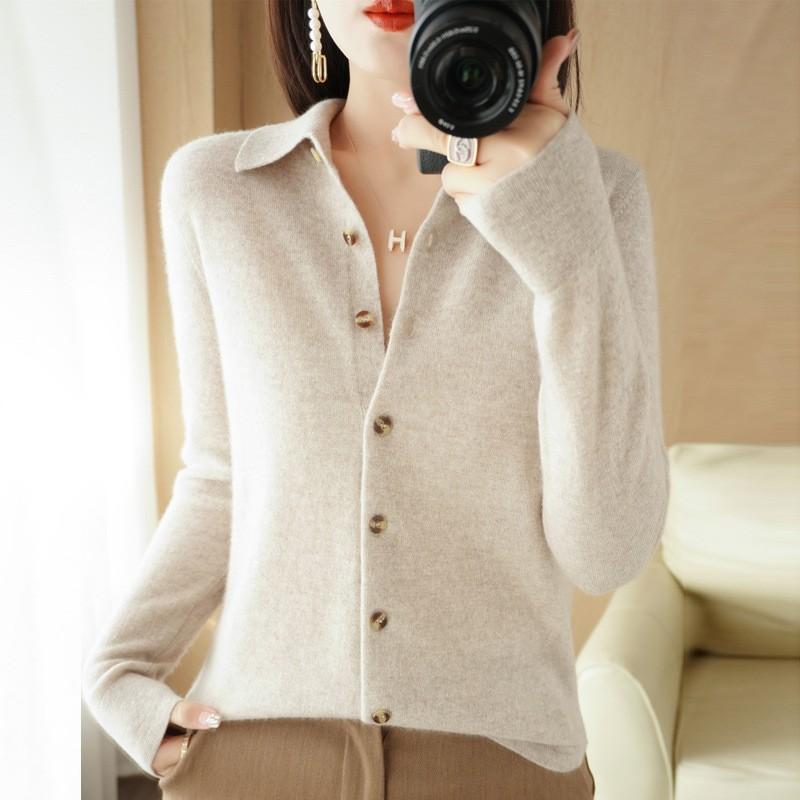 Spring and Autumn Winter POLO Neck Woolen Knitted Shirt with Loose Long-Sleeved Sweater Cardigan Temperament Lapel Coat Bottoming