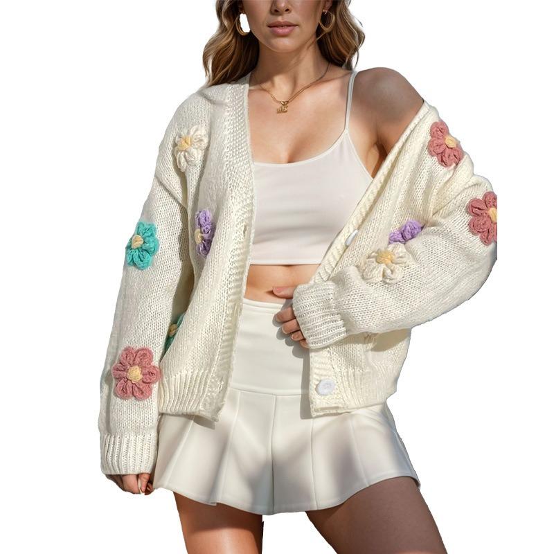 Fall Women's Plus Size Floral Pattern Button Knit Cardigan Cute Loose Long Sleeve Sweater