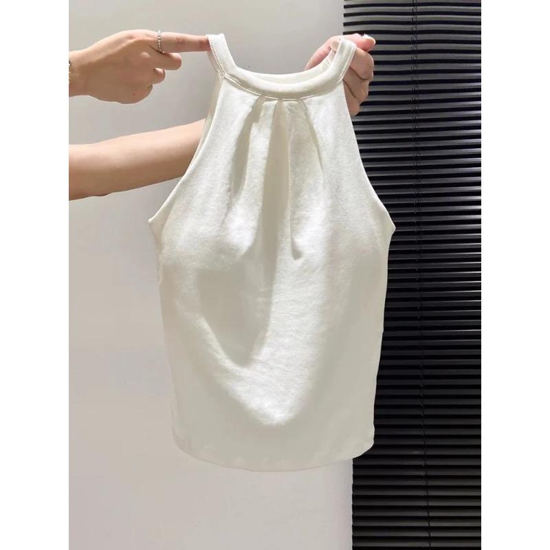 Women's Halter Neck Sleeveless Ruched Front Slim Solid Color Tank Top for Casual