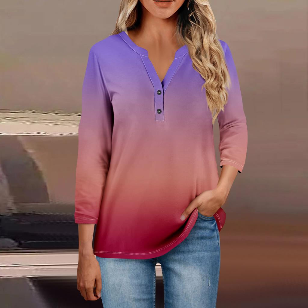 Women's Button Neck Tops Women's Casual Everyday Tops 3/4 Sleeve V Neck Fashion Print Shirt Tops Pocket Tee Sweatshirts