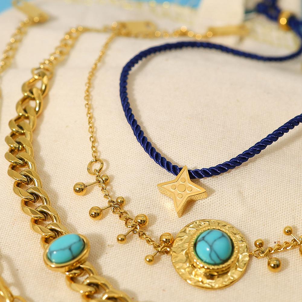 Gestapeltes Armband Edelstahl Vergoldet Echtgold Kieferblau Naturstein Titanstahl Vielseitiger Modeschmuck