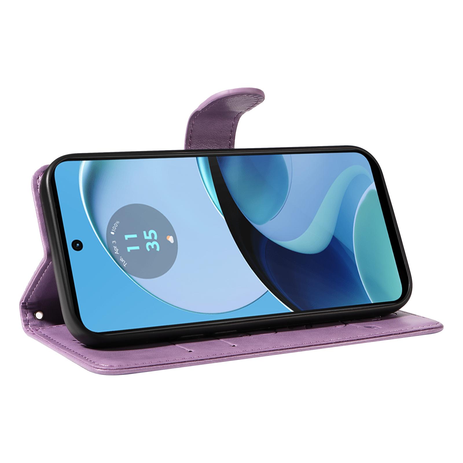 

For Motorola Moto G14 4G PU Leather Cases Flower Pattern Wallet Stand Phone Cover with Strap Purple