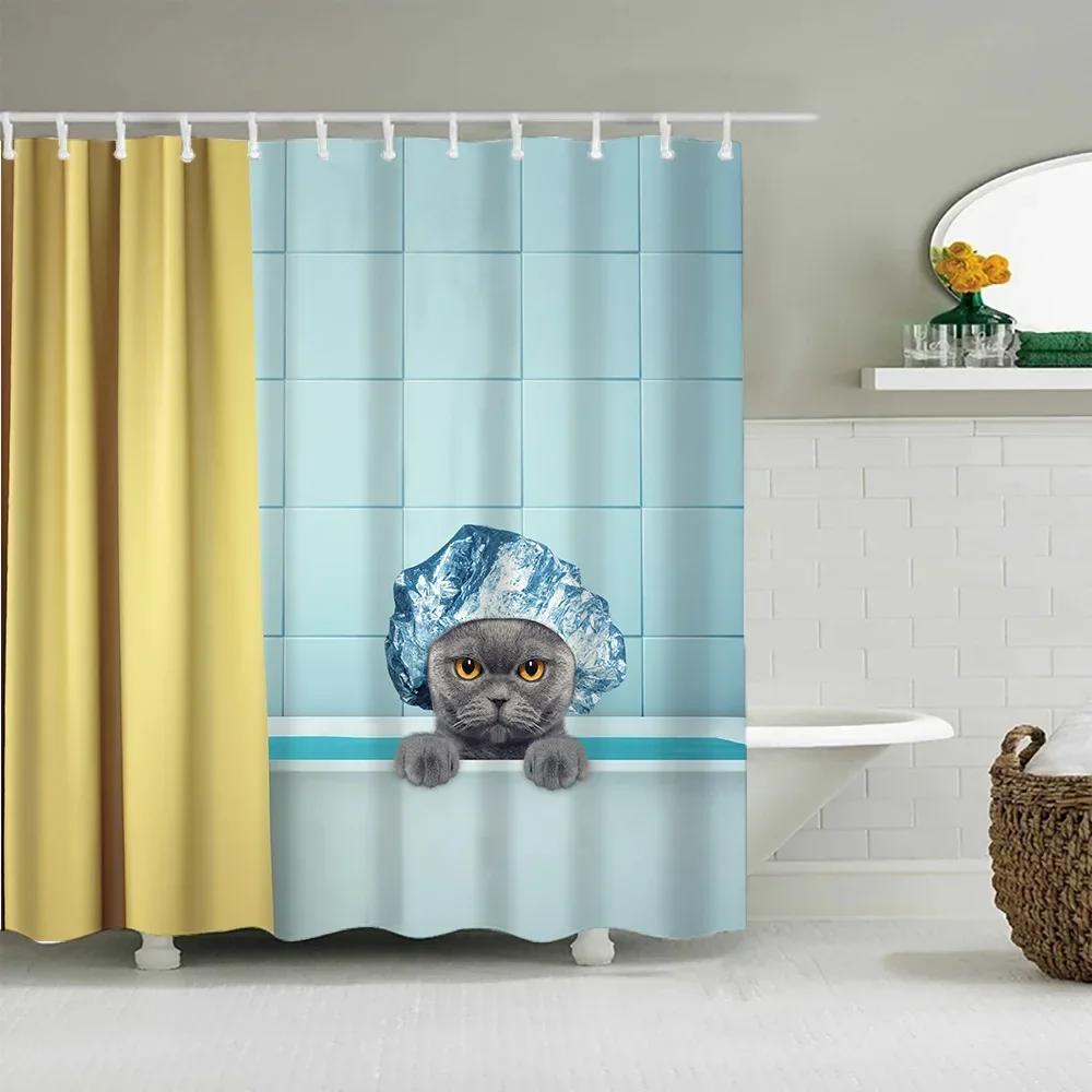 Funny Little Cat Dog Bathing Shower Curtain Cartoon Animals Printed Bathroom Curtain Set Waterproof Polyester Fabric Bath Screen