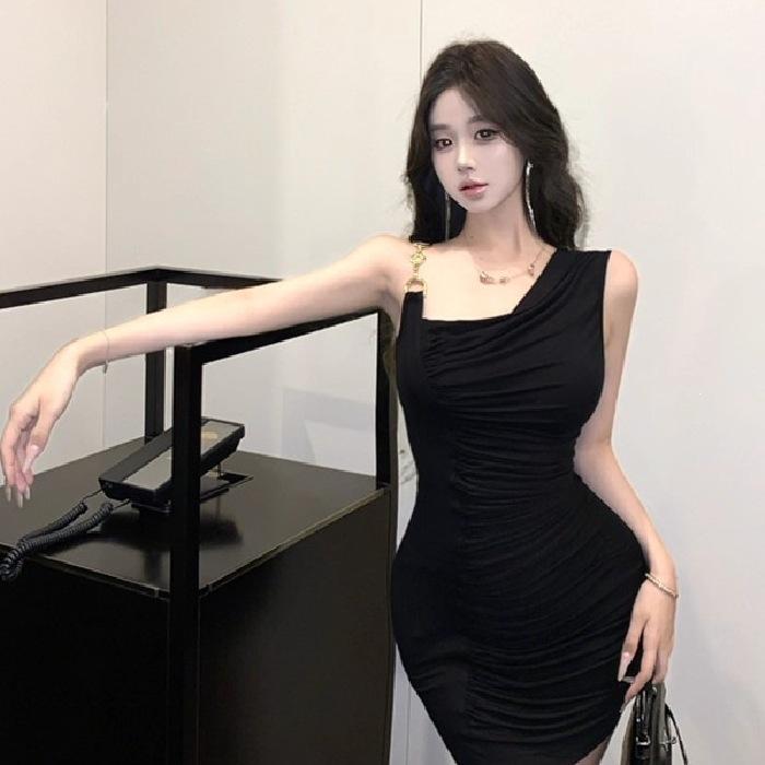 Show body skirt imperial sister light and mature style sexy slim fit and thin black waist sleeveless hip chain dress women