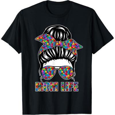 Mom Life Messy Bun Master Builder Birthday Building Block T-Shirt(1)