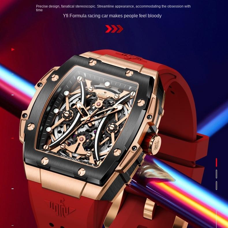 OUPINKE Zegarek Hollow Barrel Mechaniczny zegarek Moda Silikon Wodoodporny Męski zegarek Męski zegarek