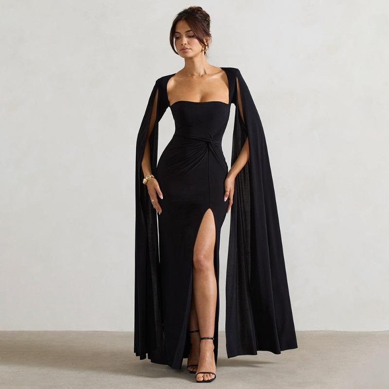 New Dress Square Neck Mopping Floor Long Sleeve High Split End Solid Color Sexy Dress