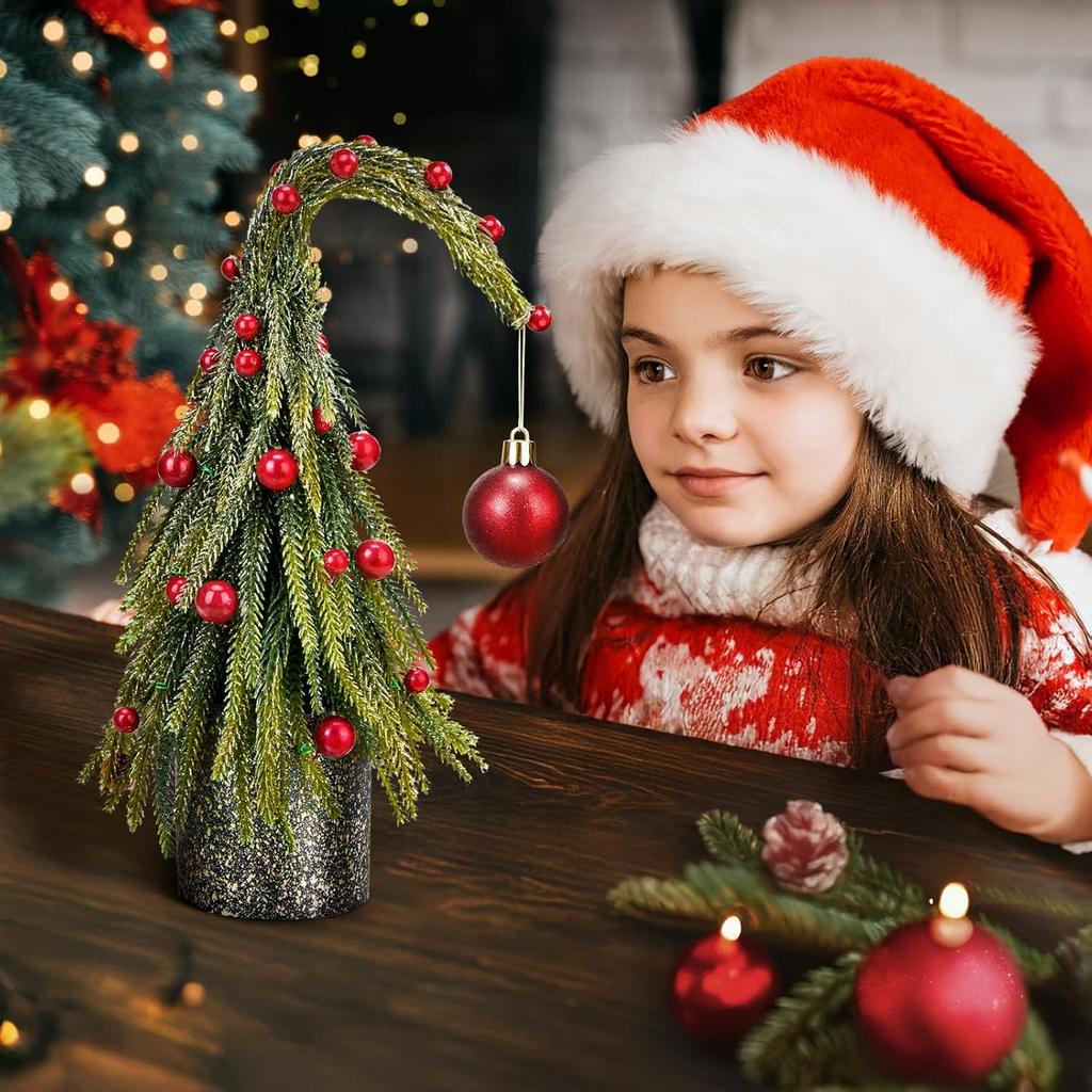 12 Inch Curved Christmas Tree with Red Balls, Mini Artificial Xmas Tree for Tabletop Holiday Decor