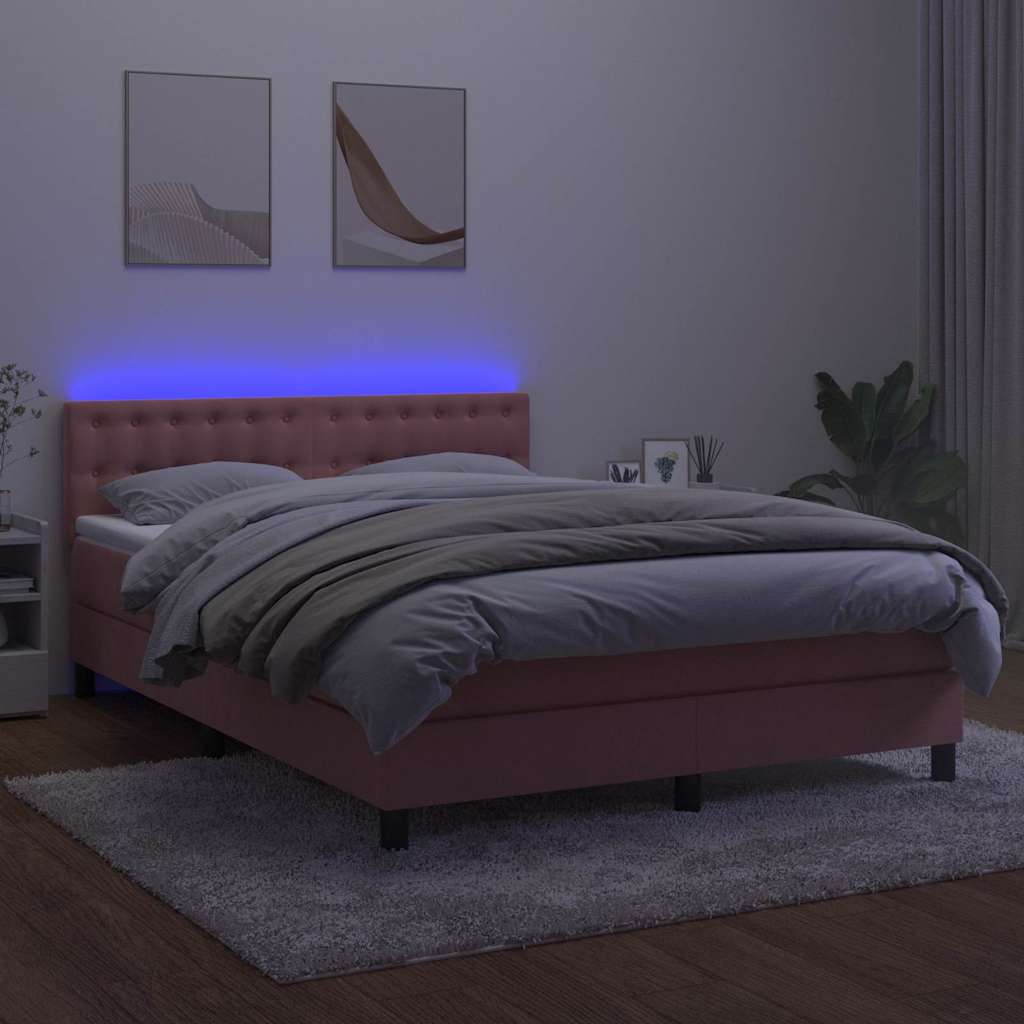 Vidaxl Łóżko Kontynentalne Z Materacem I Led, Różowy Aksamit 140X190Cm