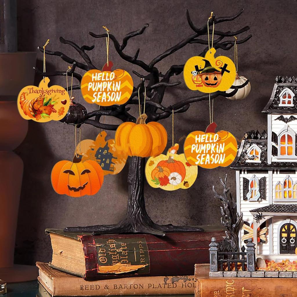 Set of 10 Paintable Wood Pumpkin Shape Pendant Hanging Plaque for Harvest Season Celebration Thanksgiving Accessories