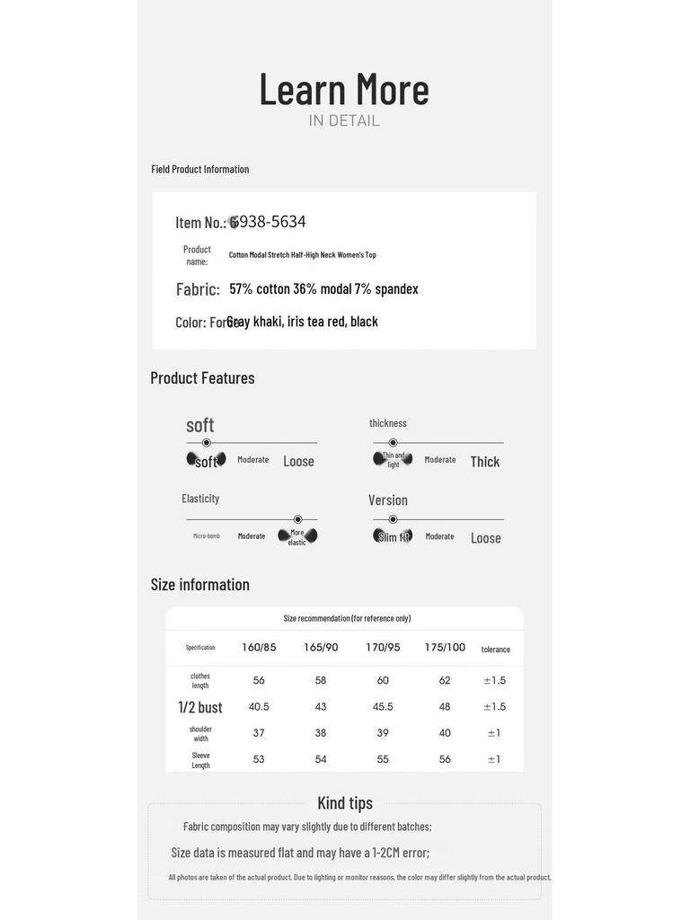 Tongniu Women's Cotton Modal Stretch Half-Turtleneck Base Layer