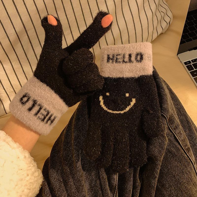 Warm Gloves for Women In Winter Can Be Plush Smiley Face with Bare Fingers and Plush Cute Five-finger Students Riding Bicycles To Prevent Cold Wind